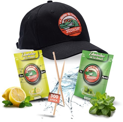 Stoxser Cap in Schwarz mit gratis 300x Zahnstocher mit Geschmack Zahnstocher Geschmack, Kein Kaugummi, Unterstützend zu Zahnpasta, Zahnsteinentferner, Zahnseide, Zuckerfrei (Schwarz)
