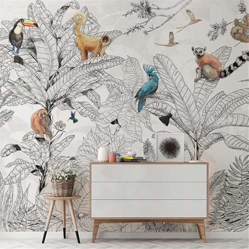 XLMING Schwarz Und Weiß Tropische Pflanze Tier Affe Papagei 3D Dekorative Tapete Speisesaal Arbeitszimmer Wohnzimmer Schlafzimmer Sofa TV Wand-400cm×280cm
