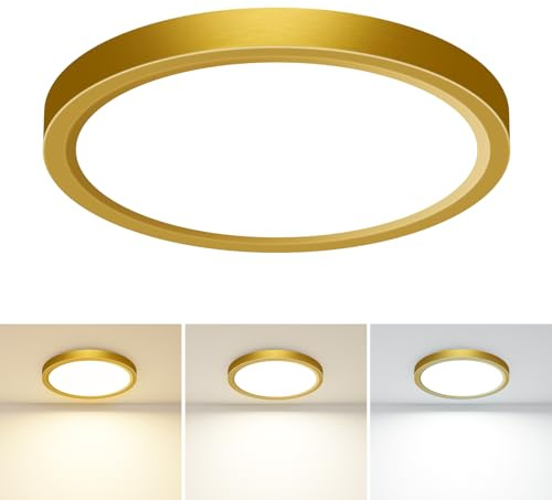 slochi Plafonnier de salle de bain, 3000 K/4000 K/6500 K, 3 températures de couleur, étanche IP44, petit, rond, moderne, encastré pour salle de bain, cuisine, chambre à coucher, couloir Ø 18 cm (doré)