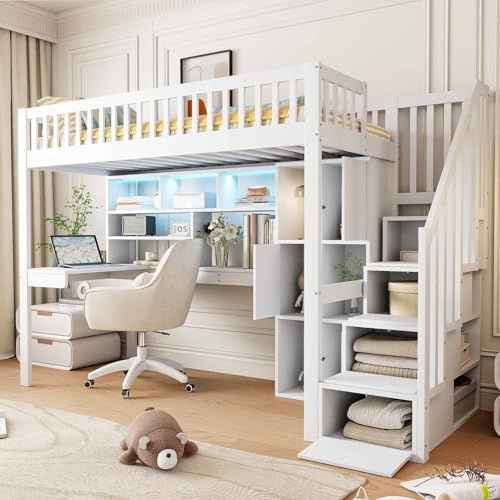 YEHTOKHOME Lit Mezzanine Multifonctionnel avec Bureau,étagère et Lampe LED,lit Moderne en Bois avec échelle de Rangement et Compartiments de Rangement (sans Matelas) (Blanc, 90x200cm)