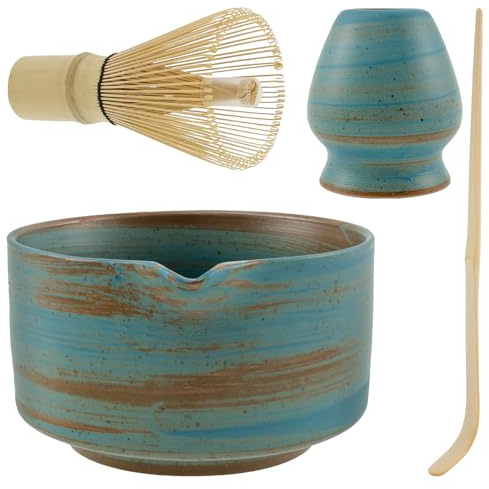 Sesaver 4Pcs Matcha Whisk Set Japanese Matcha Tea Set with Ceramic Matcha Bowl and Whisk Holder, Bamboo Matcha Whisk and Bamboo Scoop, Reusable Manual Matcha Making Kit for Tea Lovers (Blue)