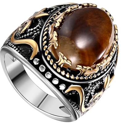 OIDEA Herren Tigerauge Retro Ring: Gold Silber Biker Tigerauge Stein Ritterring aus Edelstahl Cool mit kunstvollen Mustern Schmuck Geschenk für Männer Junge Größe 52-70