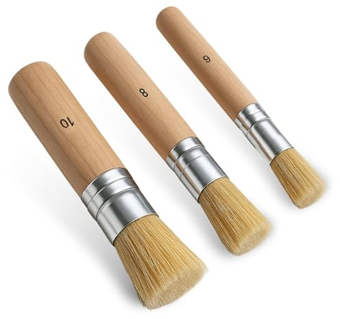 Set di 3 pennelli rotondi per stencil in legno di alta qualità, rotondi, setole naturali, pennelli per pittura ad olio, acquerello, gesso fai da te (3 misure)