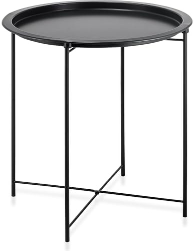 CONFORTIME Mesa Auxiliar Redonda 46.8 cm Metal Negro con Bandeja Extraíble, Diseño Plegable y Acabado Mate, Mesita Multiusos para Sofá Salón Dormitorio Decoración Moderna