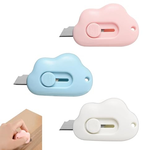 3 Stück Mini Box Cutter, Paketöffner, Einziehbares Universalmesser, Kleines Cuttermesser, Mini Cuttermesser, für Papier Schachtel Paket Papierschnitt(Blau, Weiß, Rosa)