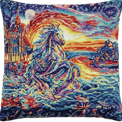 ANSIWEIGO Cojín de nudos, 43 x 43 cm, kit de anudado con ganchos, para principiantes y adultos, lienzo impreso, cojín decorativo 3D para sofá, paisaje mágico