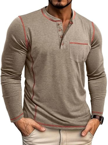 LAOARA Långärmad tröja herr långärmad t-shirt Henley-skjorta långärmad lång skjorta smal med ficka knappslå M-3XL, kaki, XXL