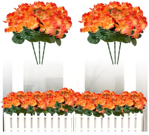 WEFHEF 6 Bündel Kunstblumen für Außen, Künstliche Blumen Geranie Blumen Dekoration Outdoor Wetterfest Balkonpflanzen UV-beständige Geranienbusch Balkon Blumen für Balkon Garten Balkonkästen
