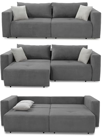 luma-Home 15241/ Schlafsofa Verwandlung vom Big-Sofa zur Eckcouch, Grau | B243/T115-161/H84 cm, ausziehbares Gästebett mit Bettkasten und Kissen, Bezug Waffelcord