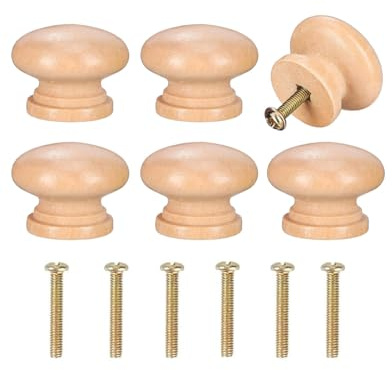JIPUKE 6 Pcs Wooden Cabinet Knobs with Screws, Mushroom Drawer Knobs Natural Unfinished Wood Cupboard Knob Handles for Furniture Wardrobe Office Dresser Drawer Pull (35mm)