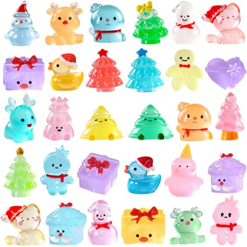 ZenithAura 30 Pezzi Mini Figure Natalizie Luminose, 30 Diverse Miniature Natalizie in Resina, Figure Piccole Fluorescenti al Buio, per Nascondere, Mini Figure di Pupazzi