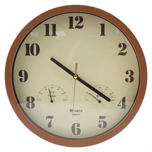 Orologio da esterno con termometro e igrometro, telaio resistente alle intemperie, funzionamento silenzioso per patio e ambienti interni (venature del legno)
