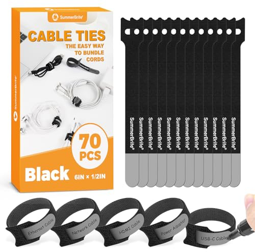 SummerBrite 70 Pack Black Cable Ties 6 Inch with Writable Labels, Reusable Cable Management Straps, Hook and Loop Cord Organizer for Home Office, PC Desk Setup, Electronics & Travel Wire Management