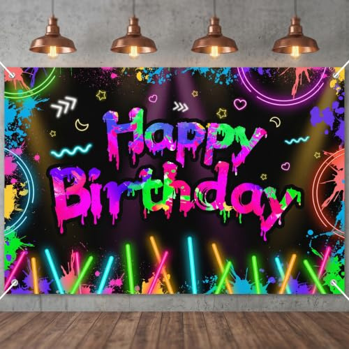 Happy Birthday Banner Geburtstag Dekorationen Neon Bunte Graffiti 210x150cm | Geburtstag Hintergrund für Mädchen Jungen, Party Banner für Geburtstagsfeier Deko, Extra Großes Foto Hintergrund Poster
