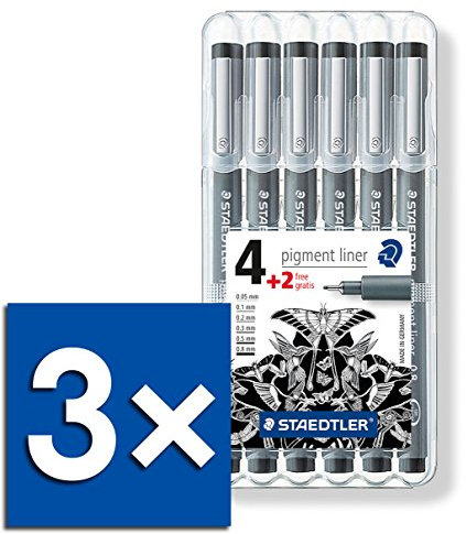 Staedtler Pigment Liner Fineliner 6er Set, mit Box (3X Standard Set Schwarz)