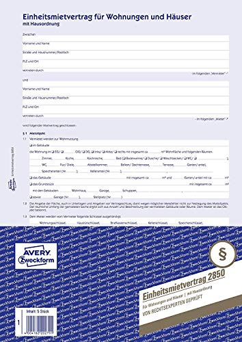AVERY Zweckform 2850 Mietvertrag (für Wohnungen und Häuser, A4, 6-seitig, Bogenformat) 15 Stück blau