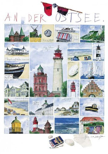empireposter Gerke, Sabine - An der Ostsee - Kunstdruck Artprint Zeichnung Leuchtturm - Grösse 50x70 cm + 2 St Posterleisten Alu 63 cm