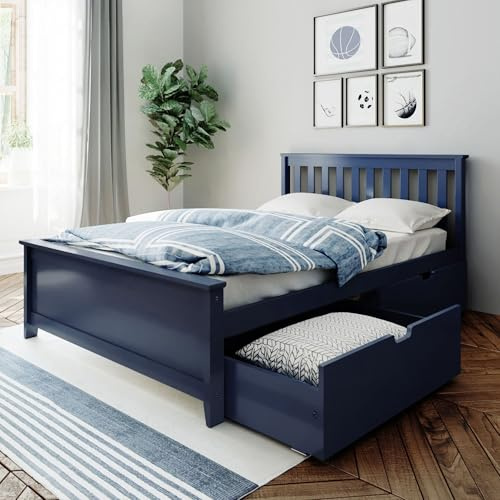 Max & Lily Full Bed, Bed Frame with Headboard For Kids with Storage Drawers, Slatted, Blue