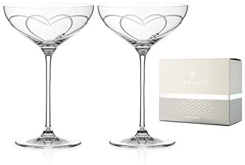 DIAMANTE Crystal Champagne Cocktail Saucers/Coupes Pair - ‘Toast Heart’ - Embellished with Genuine Crystals – Set of 2