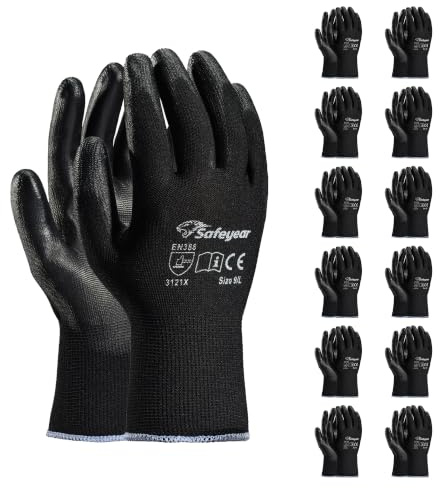 SAFEYEAR 12 pares de guantes de trabajo de seguridad con revestimiento de poliuretano negro, ligeros para jardinería, constructores, bricolaje, entrega, mecánicos para hombres y mujeres (negro XL)