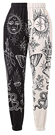 Amuver Dam Boho Hippie Haremsbyxor hög smockad midja tryckt lapptäcke träningsbyxor yoga 90S gotiska säckiga vardagsbyxor, Vit/svart, M