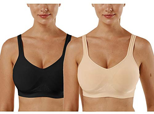 Vertvie Donna 1/2/3 Set Basic Reggiseno Sportivo Senza Ferretto Senza Cuciture Imbottite Yoga Running Reggiseno Top(B-Nero+Pelle,2XL)