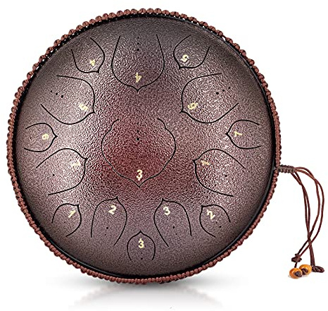 Zungentrommel, Stahl, 15 Töne, 35,6 cm D-Key – Handpan Percussion Instrument – Tank Chakra Trommeln mit gepolsterter Reisetasche, 2 Schlägel, für Meditation, Dekompression, Musik und Geschenk (Bronze)