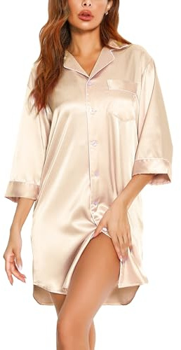 Vlazom Camicia da Notte Donna Raso con Bottoni a Maniche Lunga Camicione Invernale Elegante，Champagne，M