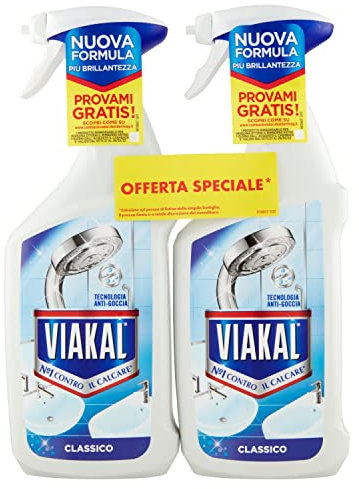 Viakal Classic Bain Anticalcaire Spray, 2 paquets de 670 ml, technologie anti-goutte, élimine jusqu'à 100 % de calcaire, combat les mauvaises odeurs, format pratique