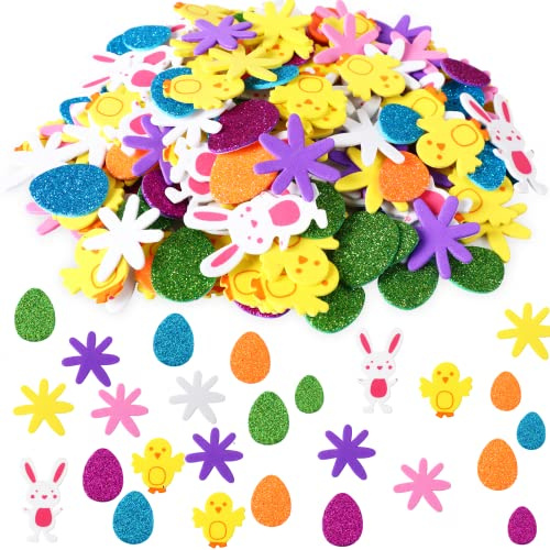 JULBEAR Aufkleber Ostern 300 Stück Glitzermoosgummi Selbstklebend für Kinder Kunsthandwerk Heimdekoration Ei Hasen Küken Blumen