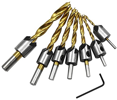 3mm-10mm 7pcs Titanium Plated HSS 5 Flute Countersink Drill Bit Set Carpentry Reamer Woodworking Chamfer End Milling Hole Wood