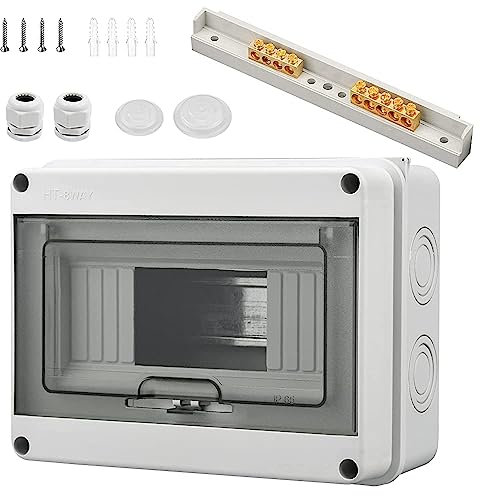 Surface-mounted fuse box, small distributor, IP65-1 row, 8 modules, with 4 terminals, 2 connectors, suitable for outdoor gardens, farms, shop columns, wet rooms