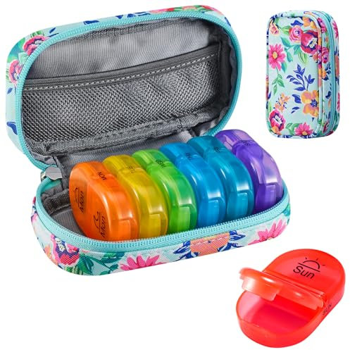Serfeymi Pill Boxes 7 Day 2 Times a Day AM PM Medicine Organiser Weekly Tablet Organiser Rainbow Pill Box with Portable Zipper PU Leather Pill Case for Pills, Supplement, Fish Oils, Vitamin- Green 01
