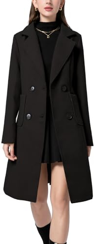Sukany Women's Winter Wool Blend Coat Notched Collar Double Breasted Lapel Mid Long Jacket Outwear Black L