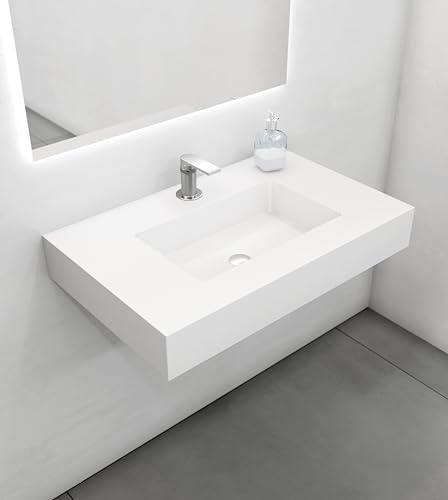 Lavabo sur plan de travail en résine blanc 80x50x12 cm - vasque à poser blanc – Meuble salle de bains avec vasque - Lavabo suspendu en résine