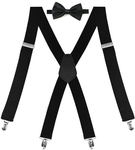 Diompirux Hosenträger für Herren Breit mit farblich passender Schwarz Fliege, Herren Hosenträger X-förmige, 3,5 cm breite Länge 110cm mit sehr starken 4 Metallclips, Elastic Verstellbare Durable