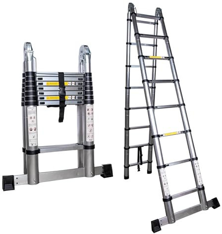 5m Telescopic Ladder A Frame Multi-Purpose folding Ladders Extendable Portable with Stabilizer Bar Loft Ladder with EN131 Standard