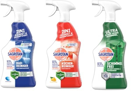 Sagrotan 3er Reinigungsset – Bad-Reiniger Ozeanfrische, Küchen-Allzweckreiniger Spritzige Zitrone & Schimmel frei – Hygienische Sauberkeit für Küche, Bad & Haushalt - 3 x 750ml
