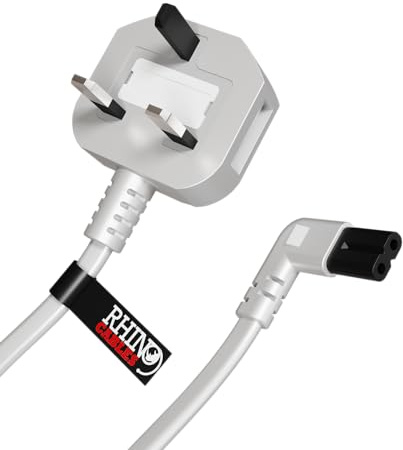 rhinocables Figure 8 Mains Right Angle End TV Power cable (5m, White) | Sleek Colour Variations: Available in classic Black and White colours, ensuring compatibility with your device and