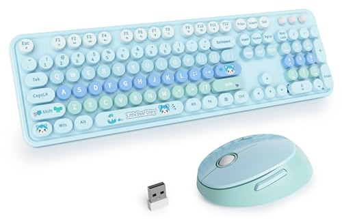 SOLIDEE Wireless Keyboard and Mouse Combo,Retro Typewriter Keyboard,2.4GHz Round Keycap Computer Keyboard with Number Pad,104 Keys Full Size Ergonomic Kawaii Keyboard(US Layout QWERTY)(Diary Blue)