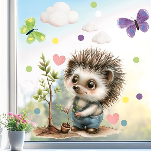Sunnywall Fensterbild Fensterdeko Latzhose Igel Gärtner Fensteraufkleber statisch selbstklebend beidseitiger Druck Aufkleber Fenstersticker WIEDERVERWENDBAR A3