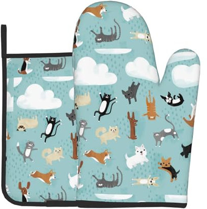 Ofenhandschuhe und Topflappen, Motiv: Regenkatzen und Hunde, personalisierbar, bedruckt, sicher, rutschfest, für Küche und Kochen