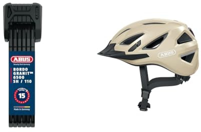 ABUS Faltschloss Bordo Granit XPlus 6500 SH mit Halterung & Stadthelm Urban-I 3.0 - Fahrradhelm mit Rücklicht, Schirm und Magnetverschluss - für Damen und Herren - Beige Glänzend, Größe S