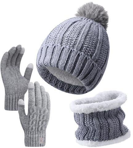 Candcamp Juego de 3 guantes de punto para mujer, para clima frío, gorro de punto, guantes de pantalla táctil, bufanda de cuello circular, gorro térmico 3 en 1, calentador de cuello para deportes al