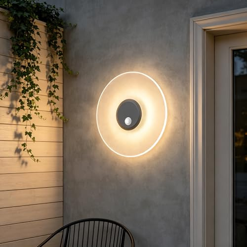 Mai & Mai Wandleuchte Aussen mit Bewegungsmelder IP65 Aussenlampe Wand | Wandlampe außen mit Sensor, Außenbeleuchtung Außenleuchte Wand, 3000K Warmweiß, 6W, Ø300x65mm, Sandgrau dunkel, LunaLights