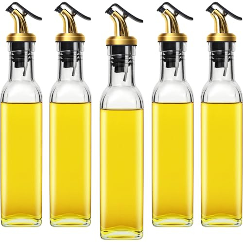 ACEWARMS 5 Pack Olive Oil Dispenser Bottle Drizzler for Kitchen, 8-1/2oz Lead-Free Clear Glass Oil Vinegar Bottle Set with Spouts, Funnel and Labels