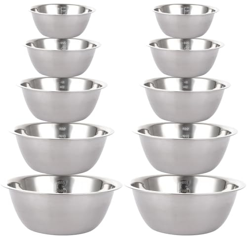 LOPYXBR 10 Piece Stainless Steel Mixing Bowls for Baking, Metal Mixing Bowl with Measuring Marking, Mixing Bowl Set for Kitchen, Prepping, Dishwasher Safe (0.58L, 0.9L, 1.6L, 2.05L, 2.6L)