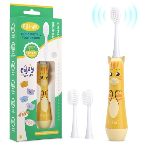 NELL&WELL Kids Electric Toothbrush, 2-Min Timer, 3 Modes with Memory, IPX 7 Waterproof, Battery Powered Kids Toothbrush with 3 Soft Bristles Heads for Children Boys and Girls Ages 3+ (Yellow Cat)
