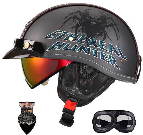 HALYING Retro Motorrad Halbschalenhelm mit ECE-Zulassung, Leicht 750g Chopper/Moped/Roller Helm für Herren Damen, Doppelte Lüftungsschlitze, Abnehmbarer Schirm Ohrenpolster, XXL 57-64cm