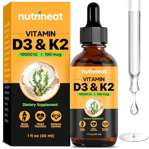 NutriNeat Vitamin D3 K2 Liquid Drops (1 Fl oz, 30 ml), K2 D3 Vitamin Supplement, 10,000 IU D3 + 200mcg MK7, with MCT Oil, Supplement for Bone and Immune Support, Natural & Non-GMO